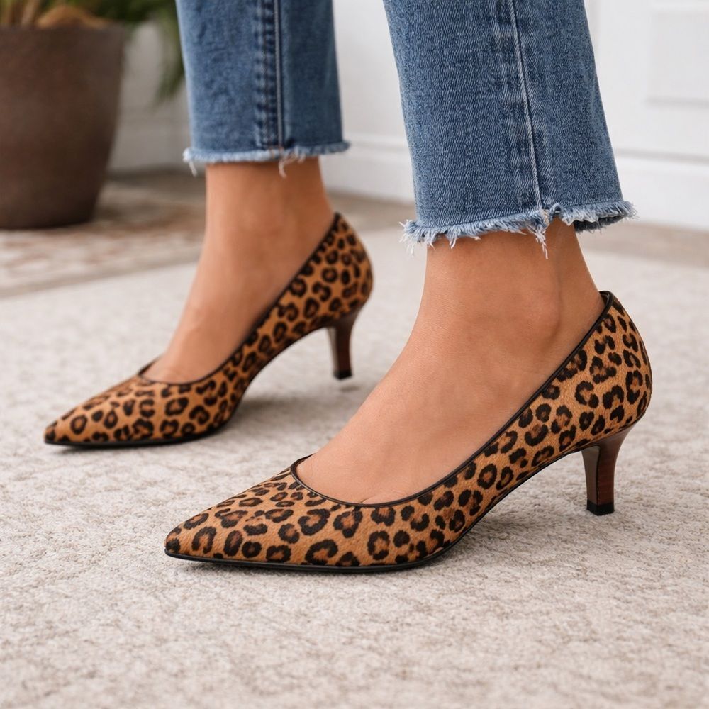 Clarks Indigo Leopard Print Pony Hair Pumps | Pointed Toe Kitten Heel